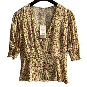Ming Y2K Top Womens M Tan Floral Button Up Puff Sleeve Romantic Dainty Prairie